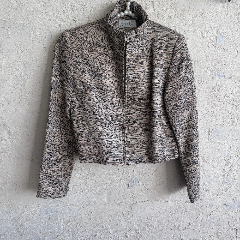 Soiree Petites Woven Crop Blazer Black Tan Zipper Sz S